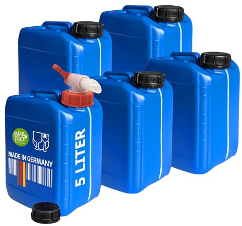 plasteo® 5 Liter Kanister Neu mit Sicherheitsverschluss (DIN 51) | BPA Frei | Lebensmittelecht | Tragbar Stapelbar und Stabil | Schwere Qualität | Robust und Langlebig | Indoor und Outdoor | Blau