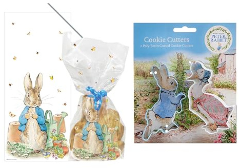 Anniversary House Peter Rabbit Cookie Cutters, 20 Individual Peter Rabbit Treat Bags, Sweet Party Gift, Poly-Resin Cookie Cutters, and BOPP Clear Bags, AMZ018