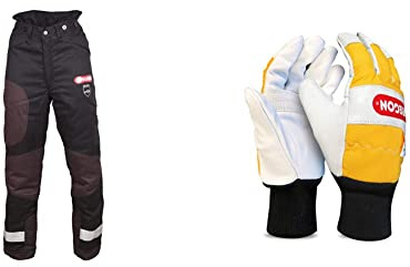 Oregon Yukon + Type A Class 1 (20 m/s) Chainsaw Protective Trousers for Sawing, Black, Size M (EU 46-48) & 295399M Chainsaw Protective Gloves, Leather – Pair (M)