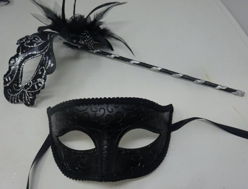 COUPLES MASKS SPARKLING BLACK AND SILVER RIALTO VENETIAN MASQUERADE CARNIVAL PARTY EYE MASK HAND HELD ON A WOODEN STICK