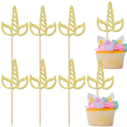 Xsstarmi Einhorn-Cupcake-Topper, Glitzer, Einhorn-Cupcake-Picks, Einhorn-Pferd, Cupcake-Dekorationen für Babyparty, Hochzeit, Geburtstag, Party, Kuchendekorationen, Gold, 24 Stück