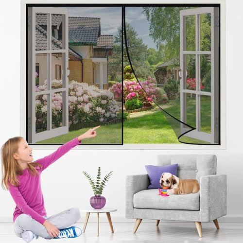 Magnetic Window Screen with Self Sealing 290x290cm Black Hands Free Mesh Screen Door DIY Retractable Garage Door Window Screen Keep Away from Mosquitoes Let Fresh Air in