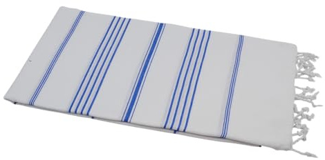 my Hamam Hamamtuch Pestemal ca. 100x180 cm aus 100% Baumwolle – Leichtes Saunatuch & Strandtuch mit Fransen, Platzsparendes Reisetuch & Badetuch, Weiß mit blauen Streifen