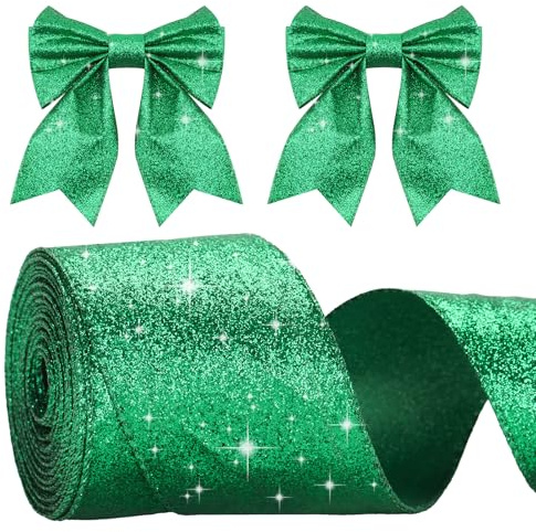 G2PLUS Grün Schleifenband mit Draht, 6CM Breite Geschenkband Glitzer, 10m | Weihnachten Drahtkantenband, Grün Weihnachten Schleifenband mit Glitzer für Geschenkverpackung, Weihnachtsbäumen Deko