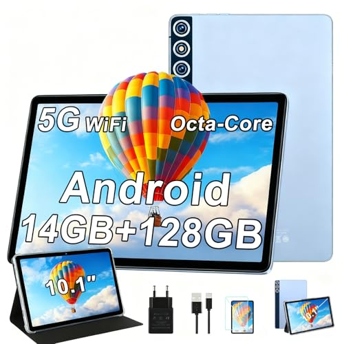 ZIOVO Tablet 10 Zoll Android mit 5G+2.4G WLAN, 14GB RAM+128GB ROM/1TB TF, Octa-Core 2.0 GHz, 8000mAh, FHD 1280 * 800, 5MP+8MP, Bluetooth 5.0, AGPS, Doppelkamera, Tablet mit Case - Blau