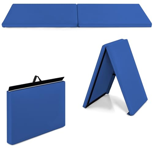 GOPLUS Tapis de Gymnastique Pliable, 5cm dÉpaisseur, 2 Plis & Poignée Transport, Matelas Gymnastique en Cuir PU avec Fermeture Auto-agrippante Magique,180 x 60 x 5cm, Bleu