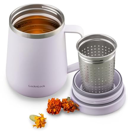 LocknLock Metro Teetasse Violett 400ml/13oz, Tee- und Kaffeebecher mit Tee-Infuser-Sieb, Deckel und Henkel, doppelwandiger vakuum-isolierter Reisebecher aus rostfreiem Edelstahl