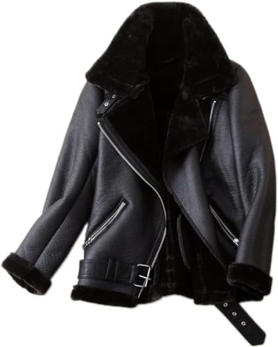 Veste de Moto en Fausse Tonte pour Femme Parka doublée épaisse Manteau en Peau de Mouton retournée d'hiver Veste en Cuir (Noir,XL)