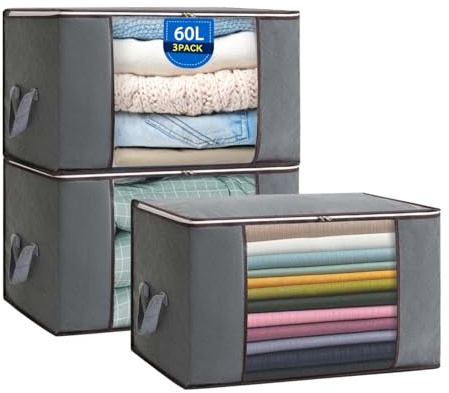 Boic Paquete de 3 bolsas de almacenamiento de ropa, bolsas de almacenamiento plegables de 60 litros con cremalleras, cajas de almacenamiento de ropa con tapas, bolsas de almacenamiento grandes, cajas