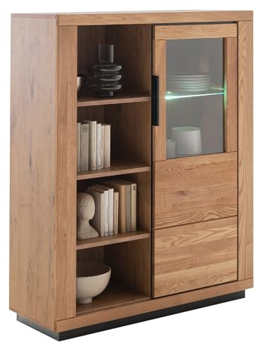 Lomadox Highboard Vitrinenschrank mit Beleuchtung in Eiche teilmassiv, Fronten Massivholz/Echtholz