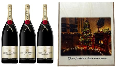 3 Bottiglie di Champagne Brut Moët & Chandon 75cl in Elegante Cofanetto di Natale in Legno, Ottima ed Esclusiva Idea Regalo !