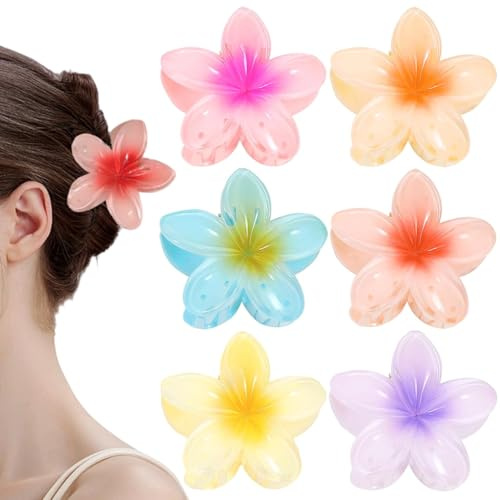 Flycppo 6 Stück Farbige Blumen Haarklammern,Blumen Haarspangen,Hawaii Rutschfeste Kunststoff Blumenhaarklammer,Große Klauen Haarspangen für Dick/Dünn Haar(6 Farben)