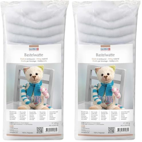 GLOREX 6 2523 05 - Bastelwatte, 250 g, weiß, 100% Polyester, waschbar und hygienisch, Flauschiges Füllmaterial für große Füllungen wie Kissen (Packung mit 2)