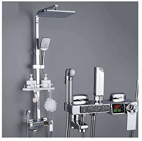NGBFF Colonne Douche, Ensemble de Robinet de Douche thermostatique à Long Bec avec Robinet de Baignoire à Effet Pluie avec étagère de Salle de Bain débit d'eau(Chrome 4)
