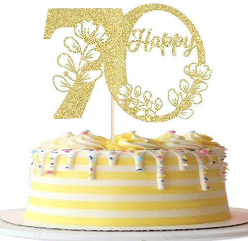 Xsstarmi 1 Pack Happy 70th Birthday Cake Topper Gold Glitter 70 Cake Pick Cheers to 70 Birthday Cake Decorations for Happy 70th Anniversary Party Cake Decoration Supplies
