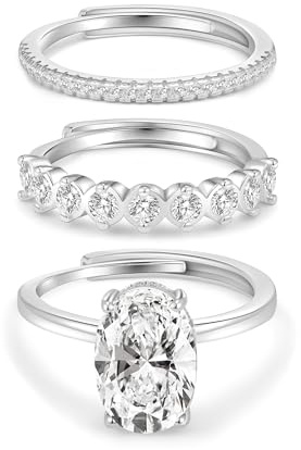 Geveay 3Pcs 925 Sterling Silver Rings for Women Dainty Stackable Silver Cubic Zirconia Ring Trendy Adjustable Thumb Silver Rings Set for Anniversary Wedding Engagement