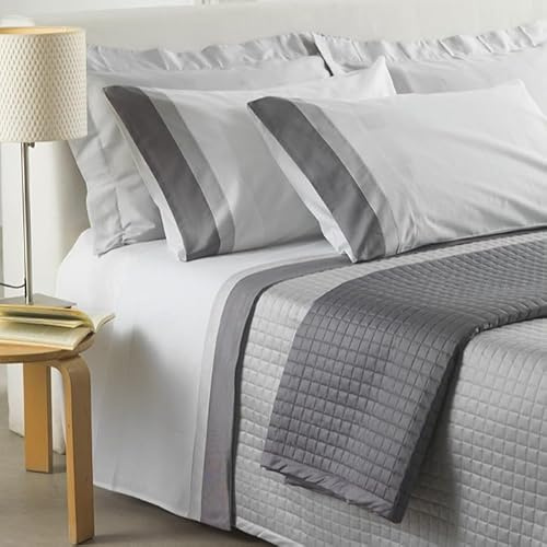 Mahome Set Completo Lenzuola Matrimoniale in 100% Puro Cotone Italiano 120 Fili 300TC Doppia Balza in RASO SATIN - Completo Letto Pregiato Tinta Unita con Doppia Balza in Raso Made in Italy (Piombo)