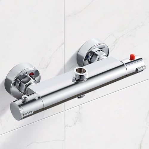 Robinet de douche avec thermostat, 2 sorties, mitigeur de douche, robinet de douche supérieur 3/4 BSP (26,4 mm) + bas 1/2 BSP (21 mm), laiton, anti-brûlure, thermostat de douche chromé
