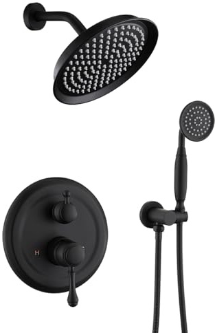 RomceBath Antique Matte Black Rain Shower Faucet System Complete Sets,9 S-Wall Vintage Rainfall Shower Head with Handheld Spray Fixtures Combo,2 Way Diverter Brass Pressure Balance Valve and Trim Kit