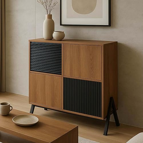 Mendler Kommode HWC-O40 MDF Metall Melamin 94x79x40cm - Natur | Schrank, Sideboard, Highboard, mit Türen, Staufächer