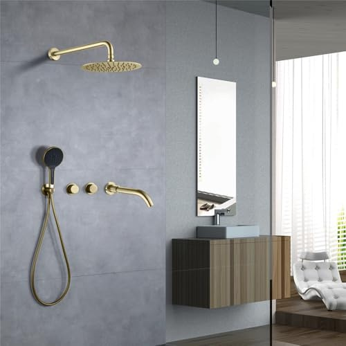 Billg Système de Douche Encastré Comprend Une Pomme de Douche de Tête Ultra-Mince Rotative à 360° de 250×250 mm, Une Douchette Ronde en ABS à Trois Fonctions et Un Robinet de Baignoire