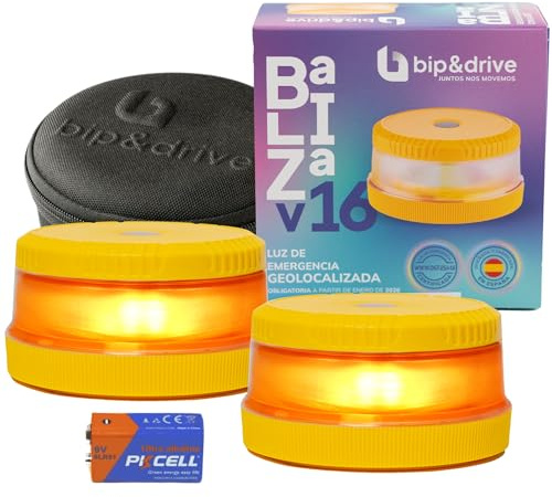 Baliza V16 Homologada DGT con Geolocalización | Luz de Emergencia Coche LED 360° 1km | Conectada DGT 3.0 | Resistente a la Lluvia | Indicador de Batería | Bip&Drive (2 Balizas + 2 Fundas)