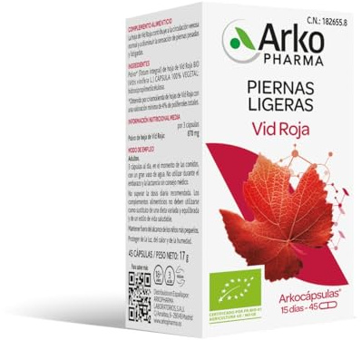ARKOPHARMA Arkocápsulas Vid Roja Bio 45 Cápsulas Piernas Ligeras Vegano | Con hoja de Vid Roja ecológica rica en polifenoles, buena circulación. Fórmula vegetal. Apto veganos.