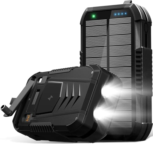 Solar Charger Power Bank 70000mAh avec 2 câbles et manivelle, Chargeur Portable 30W, Chargeur Rapide 6 Sorties et 4 entrées, Batterie Externe avec Lampe de Poche et Boussole