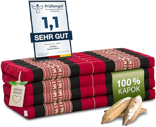 livasia Nachhaltige Klappmatratze aus Kapok - 200x110x8cm - breite Gästematratze, Faltbare Matratze, ökologische Yogamatte, klappbares Gästebett, Liege für Garten und Balkon (Rot/Elefanten)