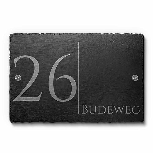 Schiefer Hausnummer & Straßen Schild | Graviertes Türschild mit Gravur | Größen: 22x14 cm o. 30x20 cm | ideal als Haustürschild Hausschild Familienschild Willkommensschild