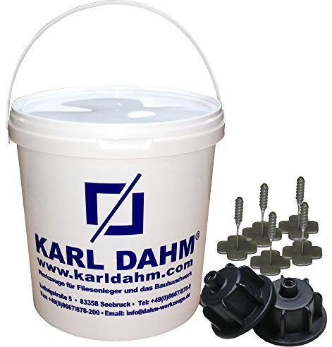 Karl Dahm Système de Nivellement de Carrelage Levelmac Kit Base Joints de 1 mm : 50 Cadrans Noirs pour Épaisseur de Carreaux 3-12 mm + 250 Croisillons + Seau I Aide Pro Pose Carrelage - 12451