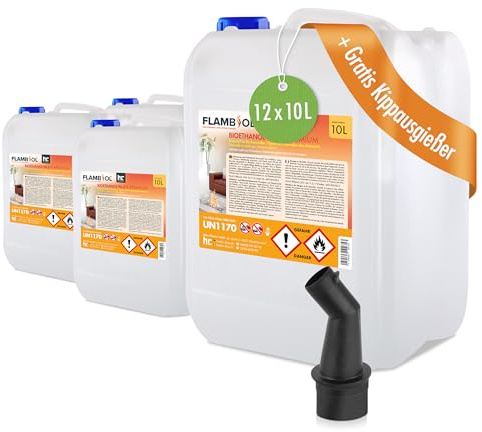 Höfer Chemie Bioethanol 96,6% Premium 12 x 10 L - Ethanol für Tischkamin, Kamin & Gartendeko für Draußen - Rauch- und Rußfrei - Aus Mais & Zuckerrüben