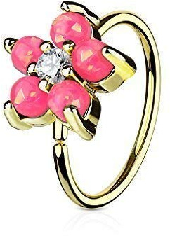 Tapsi´s Coolbodyart® Hoop Ring Nasenpiercing Ohr Cartilage Ring gold mit Zirkonia und Opal Blume in pink