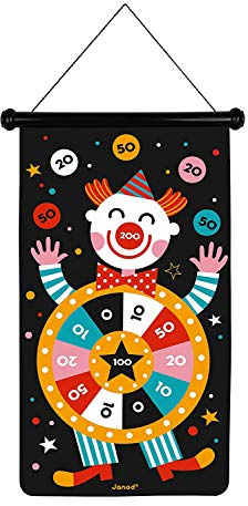 Janod - Magnetisches Dartspiel mit Zirkus-Motiv, doppelseitig, Geschicklichkeitsspiel, zum Erlernen von Agilität und Konzentration, 6 Pfeile, ab 4 Jahren, J02074
