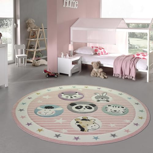 Teppich-Traum Barnmatta djur barnkammarmatta i rosa kräm storlek 160 cm rund