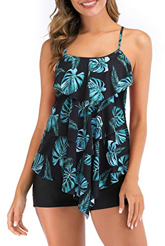 FLYILY Maillot de Bain 2 Pièces Femme Tankini Ensembles à Volants Maillot Haut Imprimé avec Short de Garçon(Greenleaf,L)