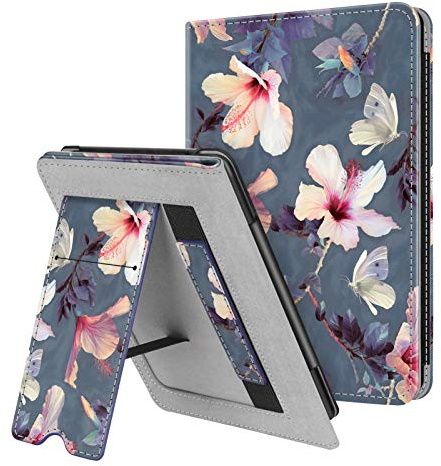 FINTIE Stativ Fodral för Kindle Paperwhite (passar helt nya 10:e generationen 2018/alla Paperwhite-generationer) premium skyddande fodral i PU-läder med kortplats och handrem, Blommande Hibiskus