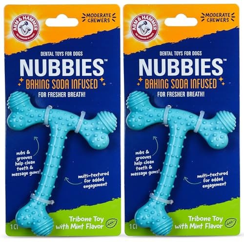 Arm & Hammer Nubbies T-Bone Dental Dog Chew Toy with Peanut Butter Flavor, Textured Chew Toy Designed to Help Clean Teeth and Support Oral Care for Dogs Up to 35 lbs - 2 Pack