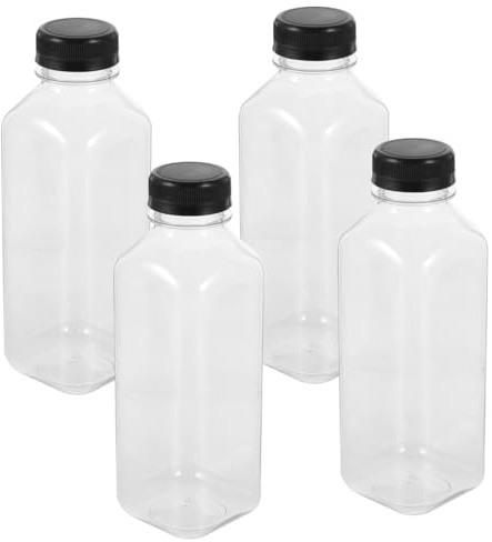 ULTECHNOVO Kunststoff-Saftflaschen mit schwarzem Deckel, transparent, wiederverwendbare Behälter mit Deckel, tolle Einwegflaschen für Saft, Milch, Salatdressing, Smoothie und andere Getränke, 4 Stück