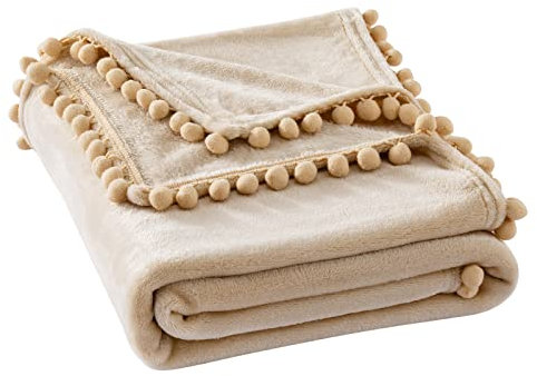 MIULEE Kuscheldecke Fleecedecke Flanell Decke mit Pompoms Einfarbig Wohndecken Couchdecke Flauschig Überwurf Mikrofaser Tagesdecke Sofadecke Blanket, 170x210cm, Beige