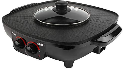 2 in 1 Hot Pot BBQ Grill Electric Grill and Hot Pot Non-Stick Chinese Portable Baking Pan for BBQ Shabu Dual Pot Electric UK Plug 220V