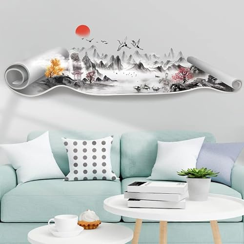 COVPAW® Wandtattoo Wandaufkleber XXL Bild Scrollen Chinesische Malerei Gemälde Landschaft Wandsticker Wandbild Bilder Wohnzimmer Schlafzimmer Deco
