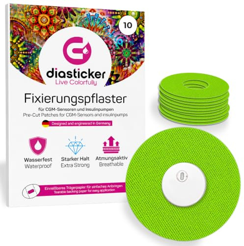 Diasticker | Freestyle Libre 3 - Självhäftande lappar (10 st, Grön) | Vattentät - Andningsbar - Starkt grepp | CGM-sensor lapp, fixering, tejp, plåster, fixeringsgips