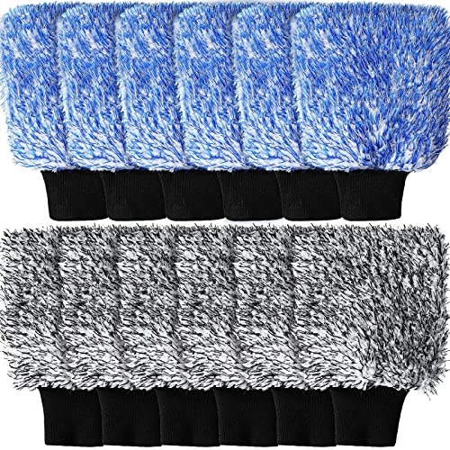 Riakrum 12 Pcs Microfiber Car Wash Mitts, Scratch Free Ultra Absorbent Car Sponge Glove Cleaner Wash Mitts for Car Wheel Trucks Home Cleaning (Black and White,Blue and White)