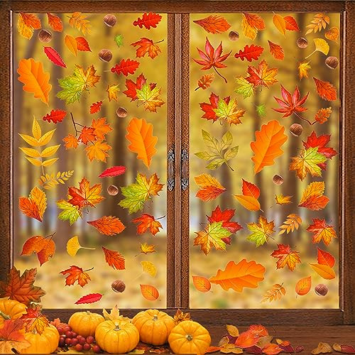 BBLIKE 177 Stück Fensterbilder Herbst, Warme Herbstdeko, Thanksgiving Fensterbilder Selbstklebend mit Ahornblatt, Eichenblatt, Eschenblatt Herbst Deko Aufkleber für Fenster Kinderzimmer Cafés Party
