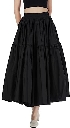 BEAUTELICATE gonna Cotone Donna Vintage Pieghettato A-Linea Lunga Tinta Unita Vita Elastica S-XXL