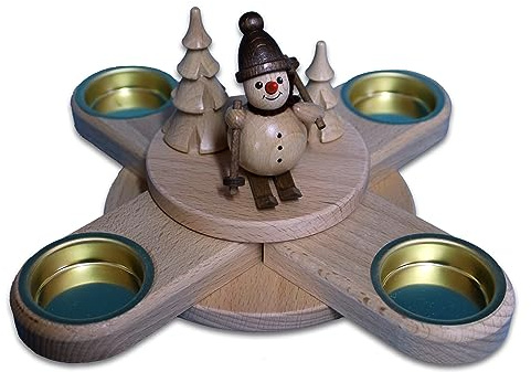 Holzwaren Egermann Kreuzleuchter aus Holz - Teelichthalter in Naturfarben mit Schneemanndesign auf Ski Spazierfahrt - Durchmesser ca. 23 cm - Made in Germany