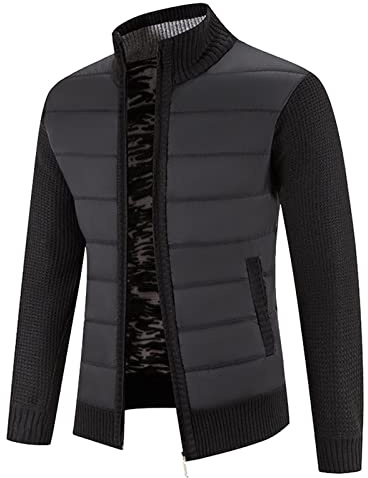 OBiQuzz kofta herr hybridjacka cardigan långärmad stickad tröja enfärgad quiltad jacka ståkrage fleecejacka sweatjacka stickad jacka kofta med dragkedja och fickor, svart, XL