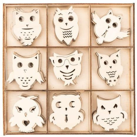 Ideen mit Herz Streu-Deko aus Holz | Holz-Motive | Eulen | Tisch-Deko | Inklusive Holz-Box | 63-teilig | 9 versch. Designs, je 7 Stück
