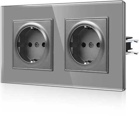 CNBINGO Schuko Doppelsteckdose mit Krallen, 2-Fach, Grau Glas | Zweifach Wandsteckdose mit Glasscheibe, 16Amp EU-Standard Steckdose Unterputz mit Kindersicherung, Horizontal/ Vertikal
